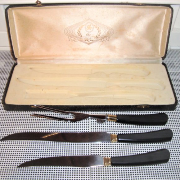 Antique Bakelite Glo Hill CARVING SET Knife Set w/ Box Hand Carving Signed GH Co - Picture 1 of 5